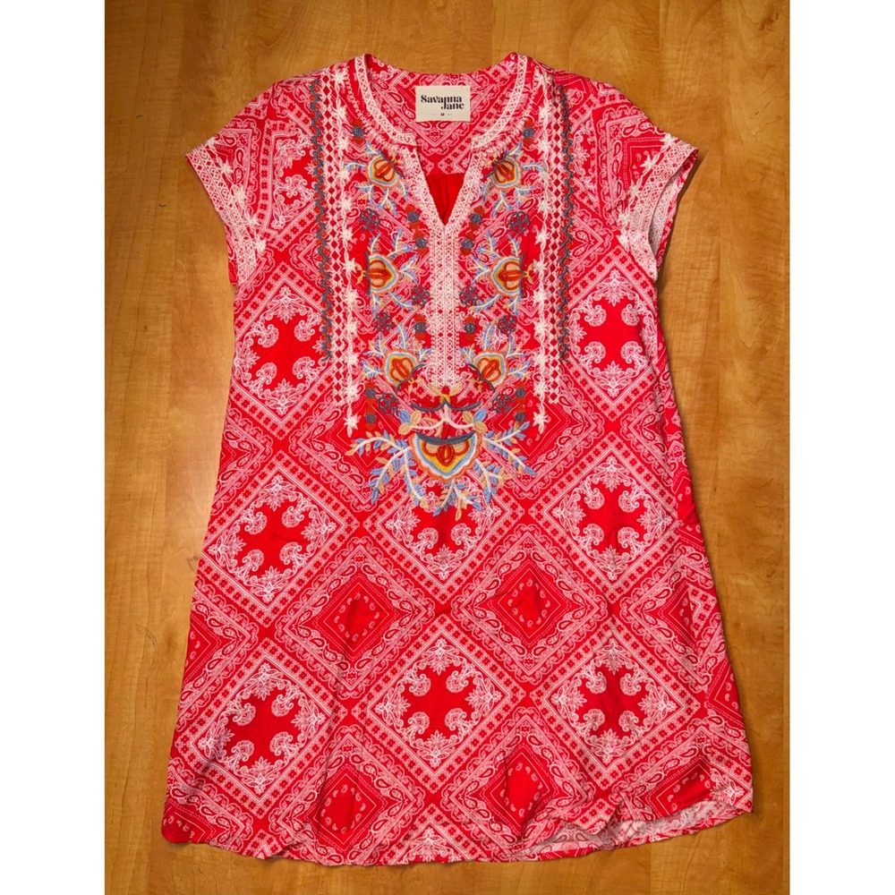 Savanna Jane Red Bandana Print Embroidered Boho Shift Dress Medium